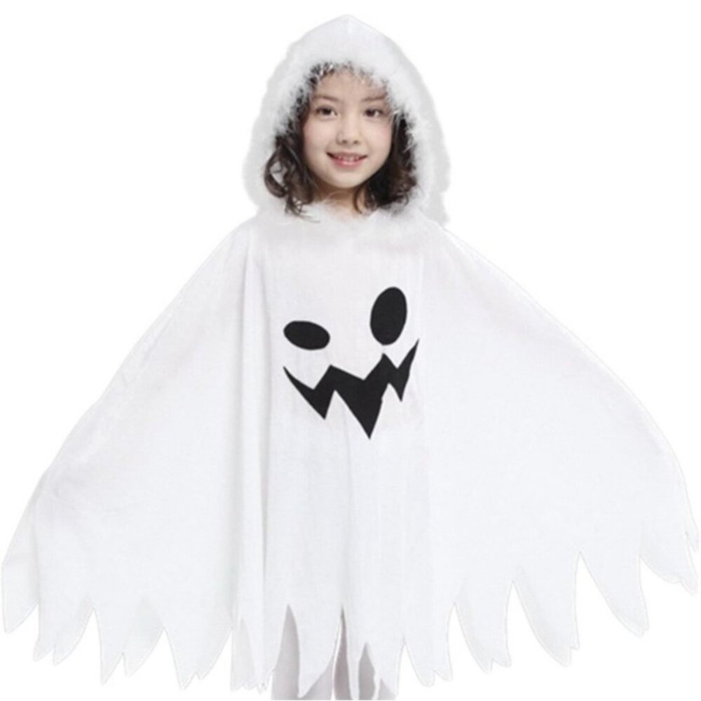 White Ghost Hooded Kids Halloween Costume Poncho